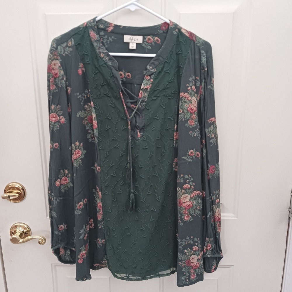 Style & Co Green Floral Lace Up Tassel Blouse XXL Embroidered Mesh Boho Top